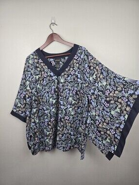 Sheer V-Neck Kimono Sleeve Top Floral Navy Blue Women Plus Sz 18/20 Boho Chic